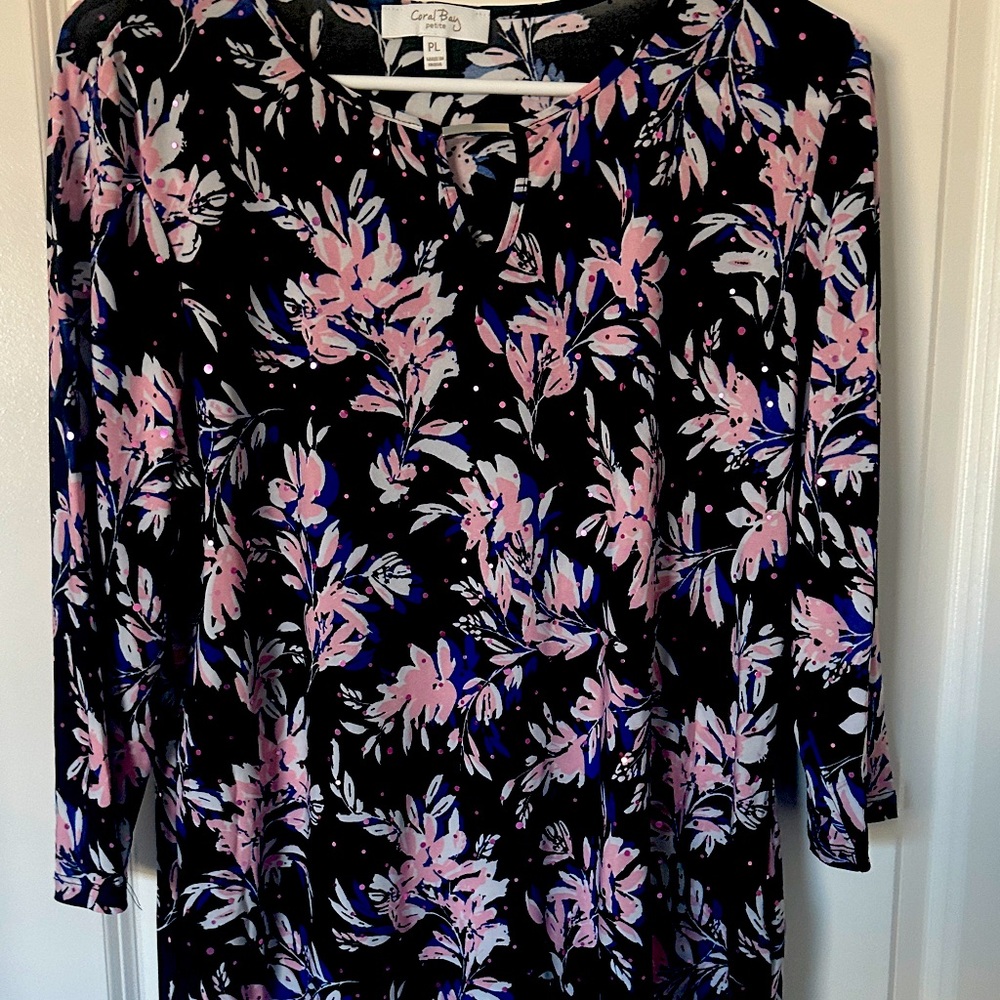 Coral Bay Black Floral Top with Pink and Blue Highlights